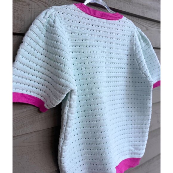 Fate Mint Green Pointelle Knit Short Sleeve Sweater Top with Pink Trim Large - Picture 7 of 10
